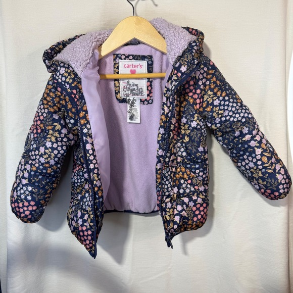 Carter's Kids Girls Floral Puffer Jacket Hooded Lined Navy Pink White - Picture 3 of 5